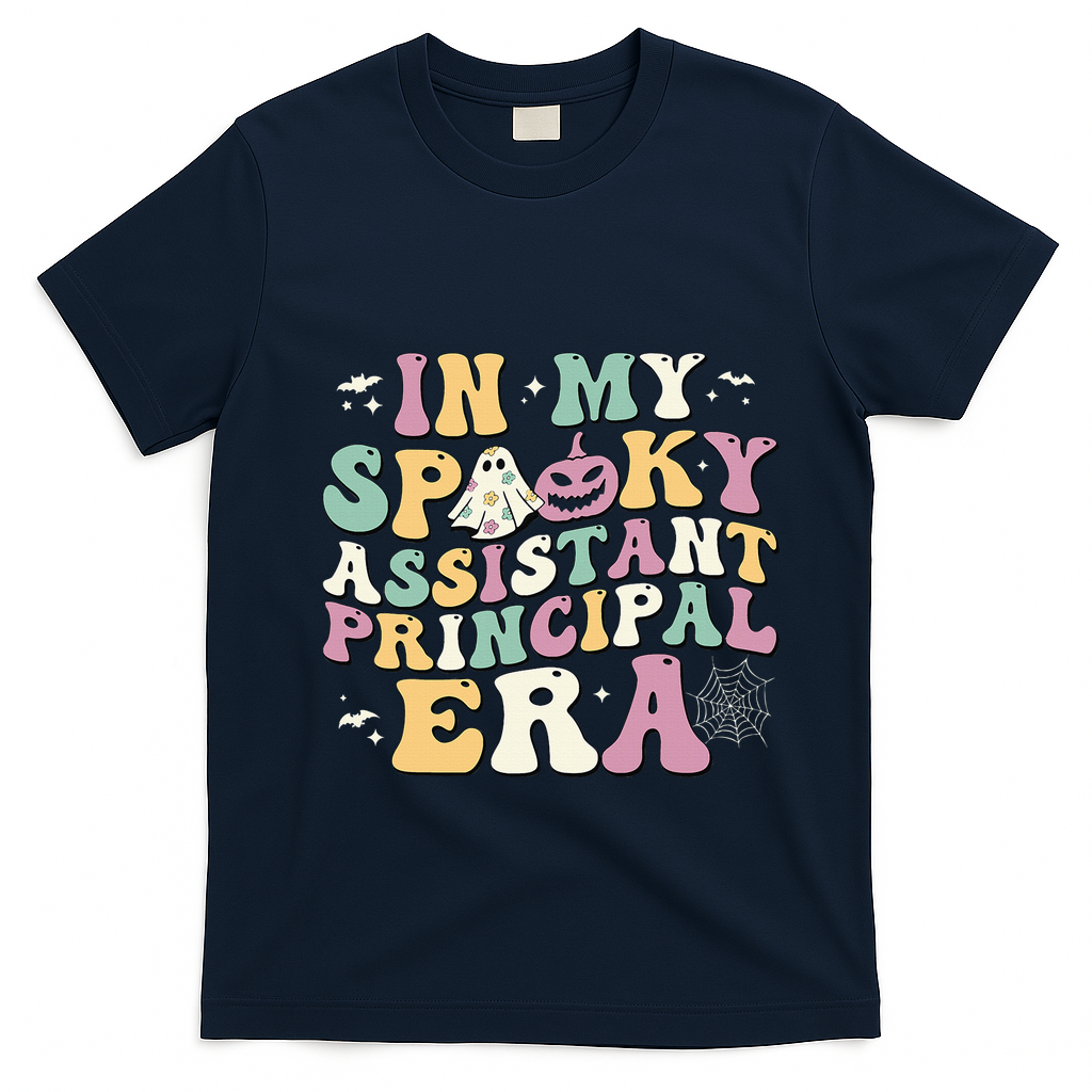 In My Spooky Assistant Principal Era Retro Ghost Halloween T-Shirt - Navy Blue