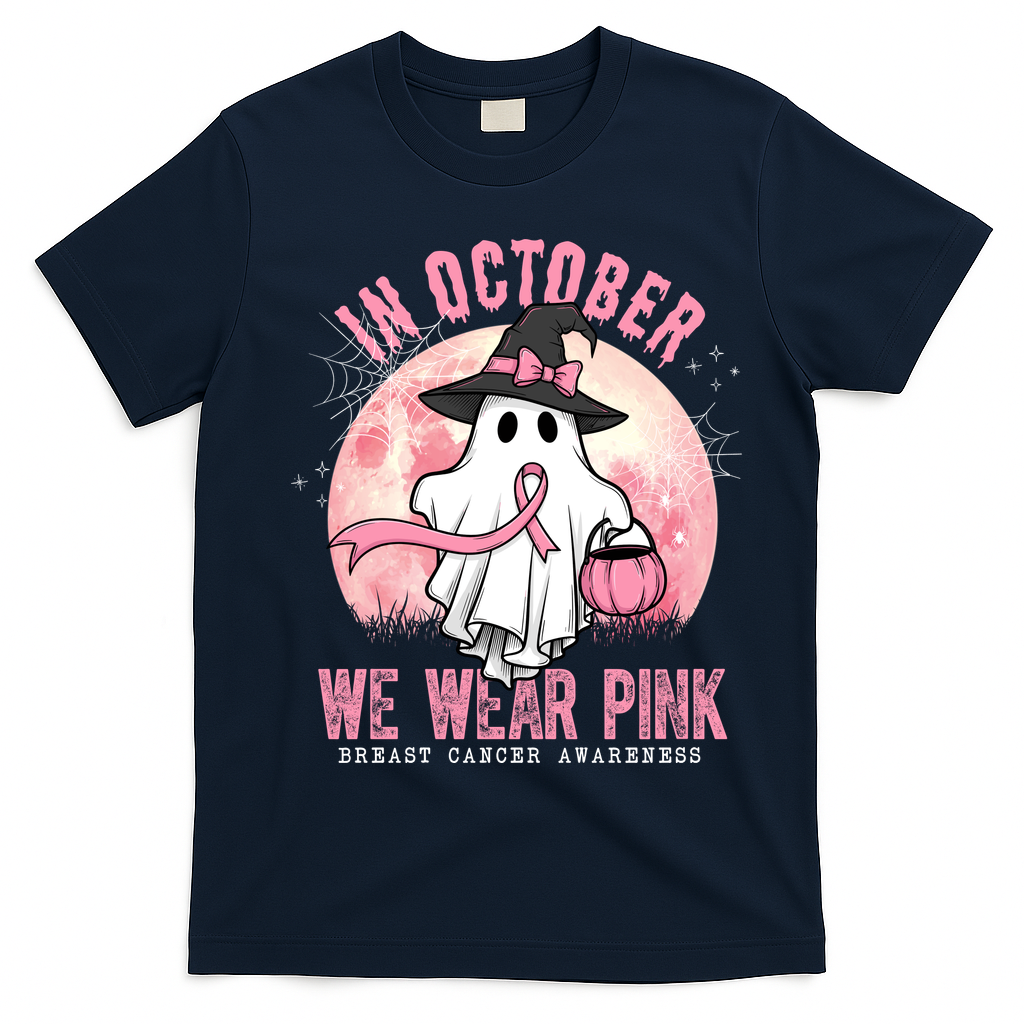 In October We Wear Pink Breast Cancer Halloween Ghost T-Shirt - Navy Blue