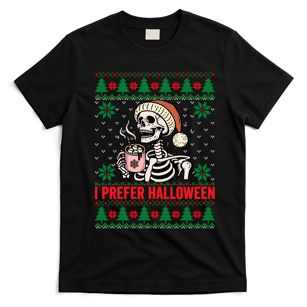 I Prefer Halloween Christmas Sweater Funny Holiday Ugly Xmas Sweatshirt T-Shirt - Black