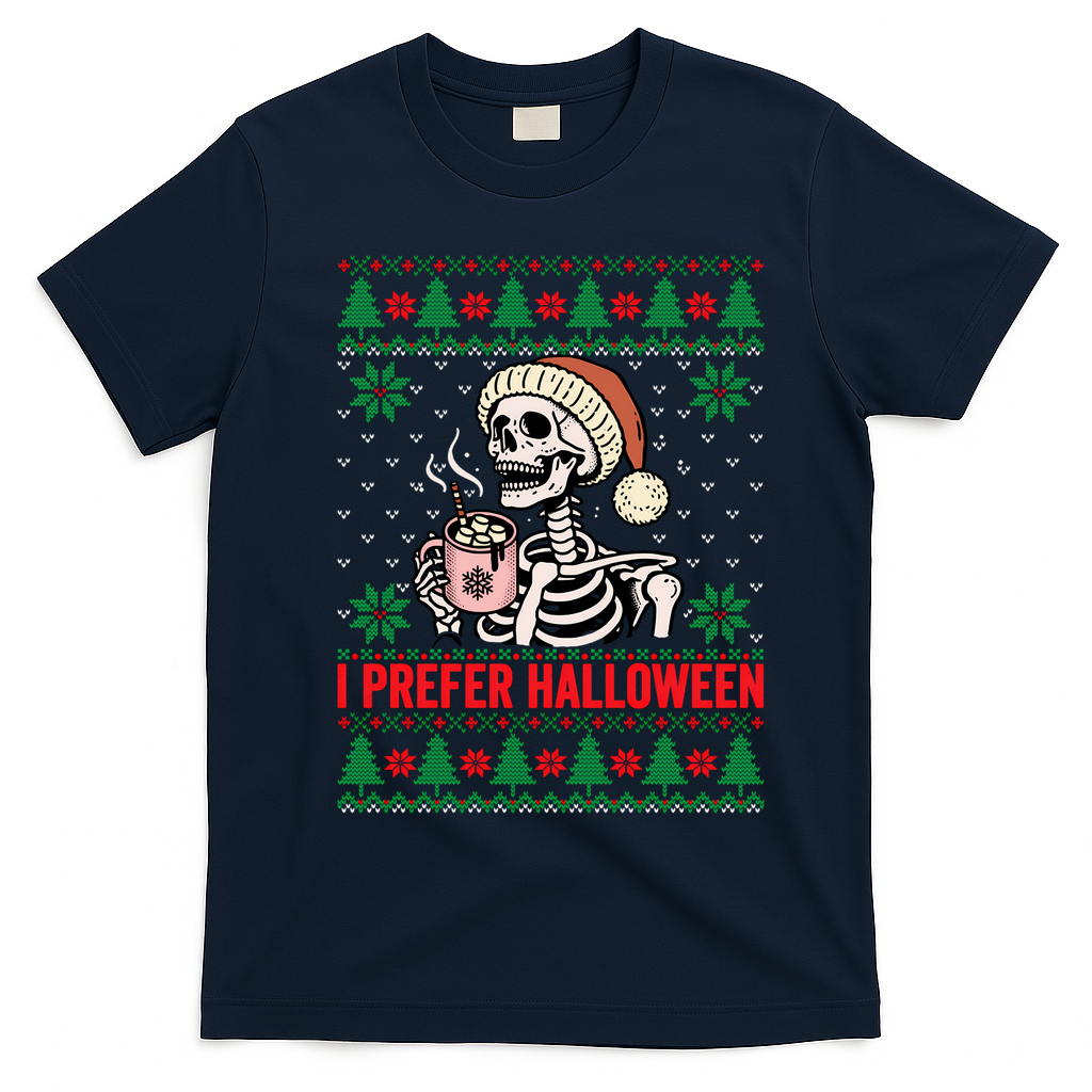 I Prefer Halloween Christmas Sweater Funny Holiday Ugly Xmas Sweatshirt T-Shirt - Navy Blue