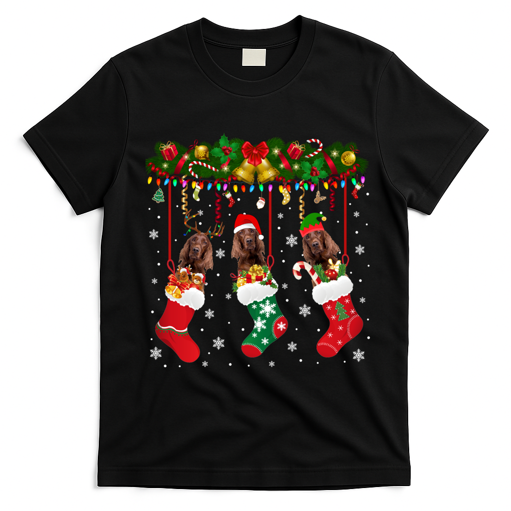 Irish Setter In Sock Xmas Reindeer Santa Elf Dog Gift T-Shirt - Black