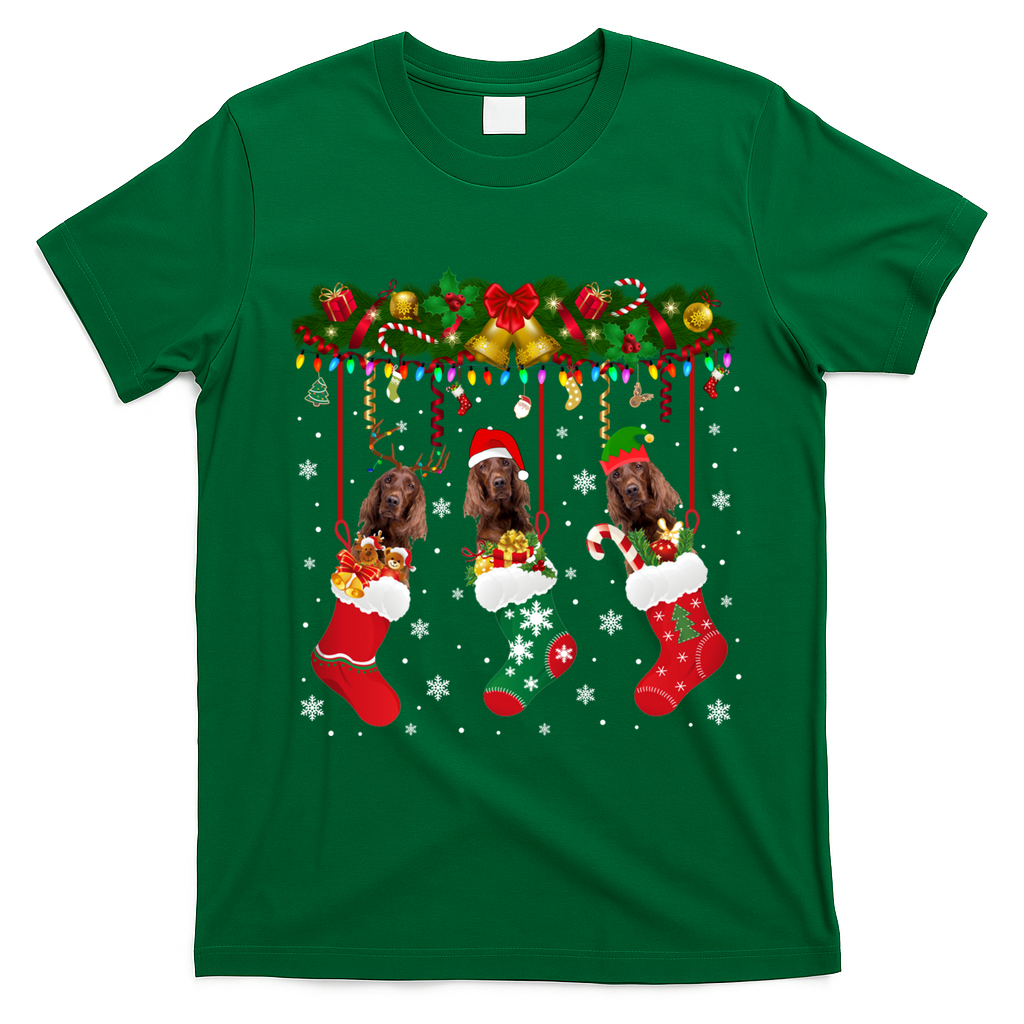 Irish Setter In Sock Xmas Reindeer Santa Elf Dog Gift T-Shirt - Irish Green