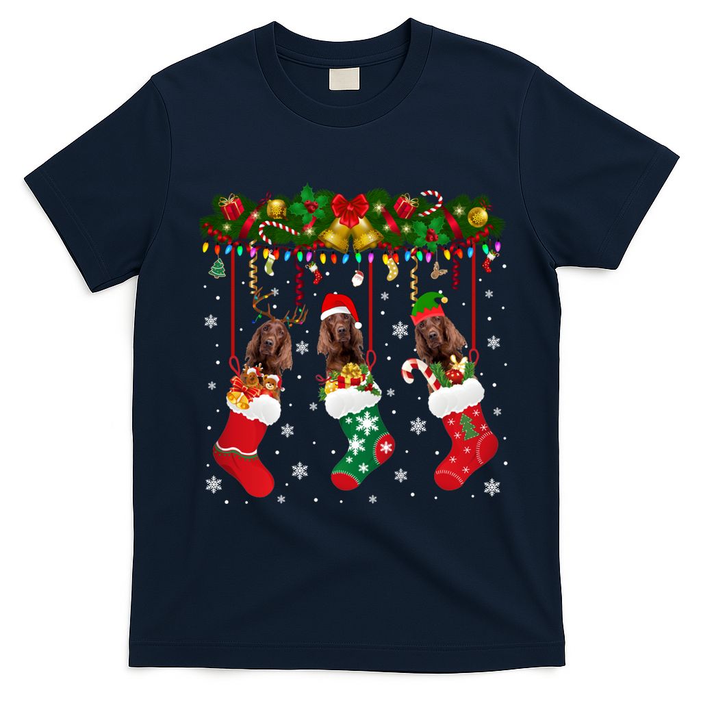 Irish Setter In Sock Xmas Reindeer Santa Elf Dog Gift T-Shirt - Navy Blue