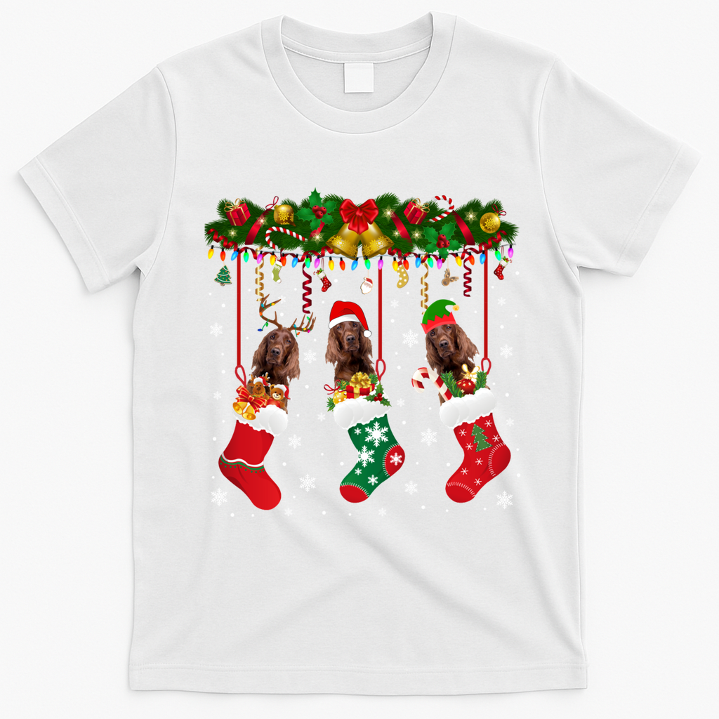 Irish Setter In Sock Xmas Reindeer Santa Elf Dog Gift T-Shirt - White