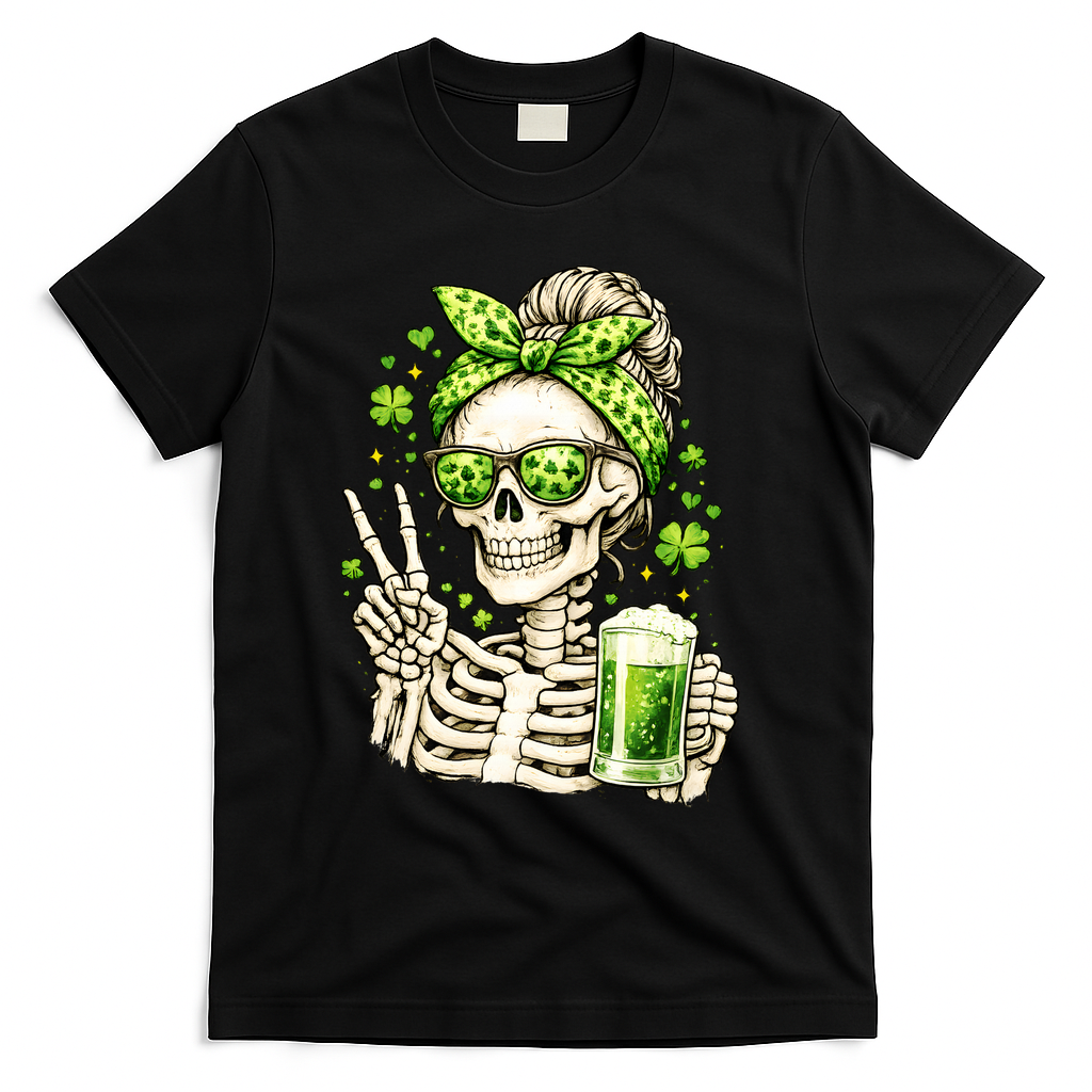 Irish Skeleton Messy Bun St Patrick's Day T-Shirt - Black