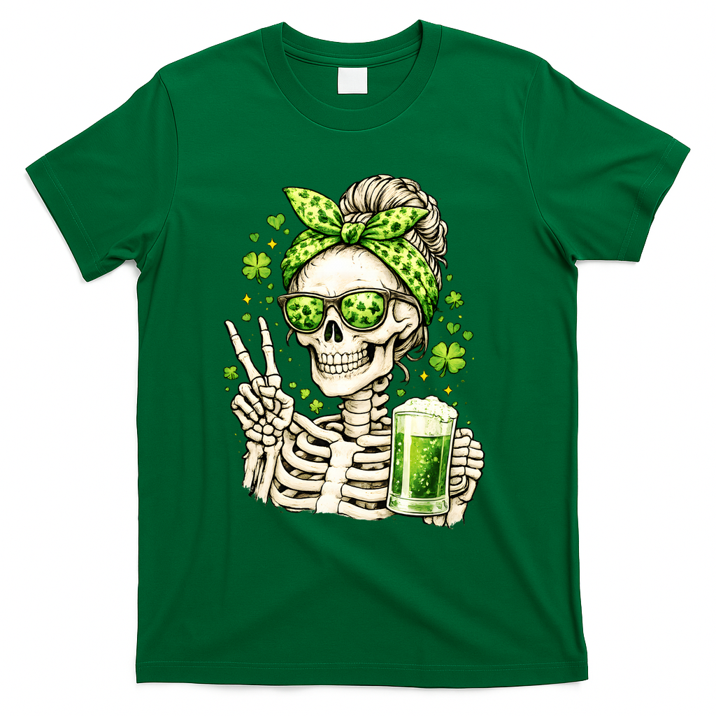 Irish Skeleton Messy Bun St Patrick's Day T-Shirt - Green