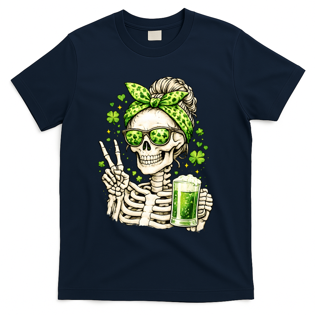 Irish Skeleton Messy Bun St Patrick's Day T-Shirt - Navy
