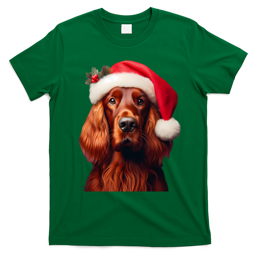 Irish Setter With Santa Hat Christmas Dog Owner Lover Mom Gift T-Shirt - Irish Green