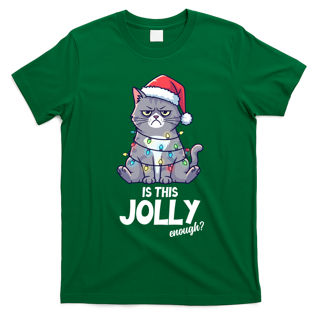 Is This Jolly Enough Christmas Cat Xmas T-Shirt - Irish Green