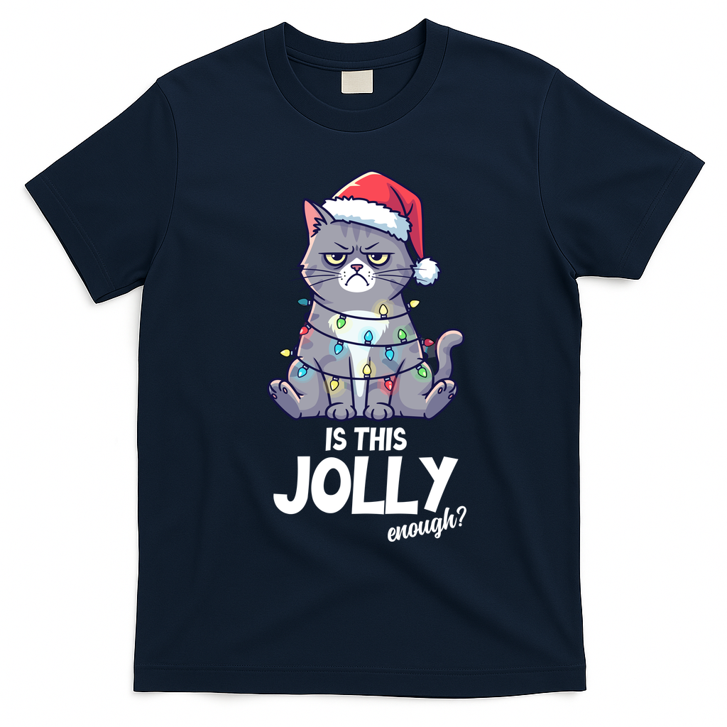 Is This Jolly Enough Christmas Cat Xmas T-Shirt - Navy Blue