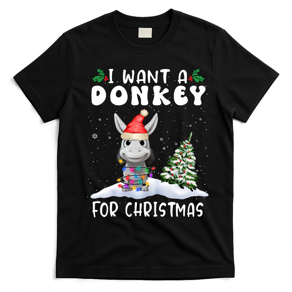 I Want A Donkey For Christmas Santa Hat Funny Xmas T-Shirt - Black