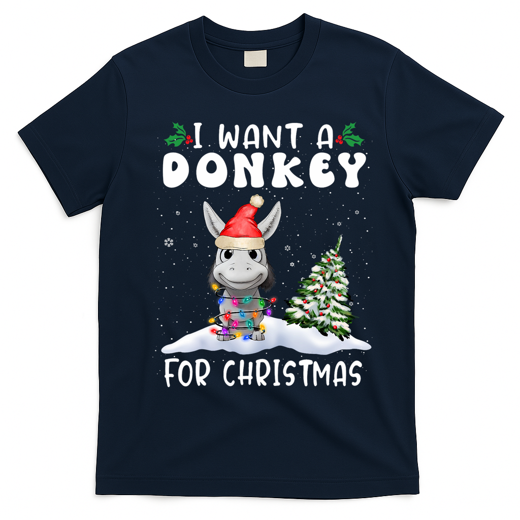 I Want A Donkey For Christmas Santa Hat Funny Xmas T-Shirt - Navy Blue