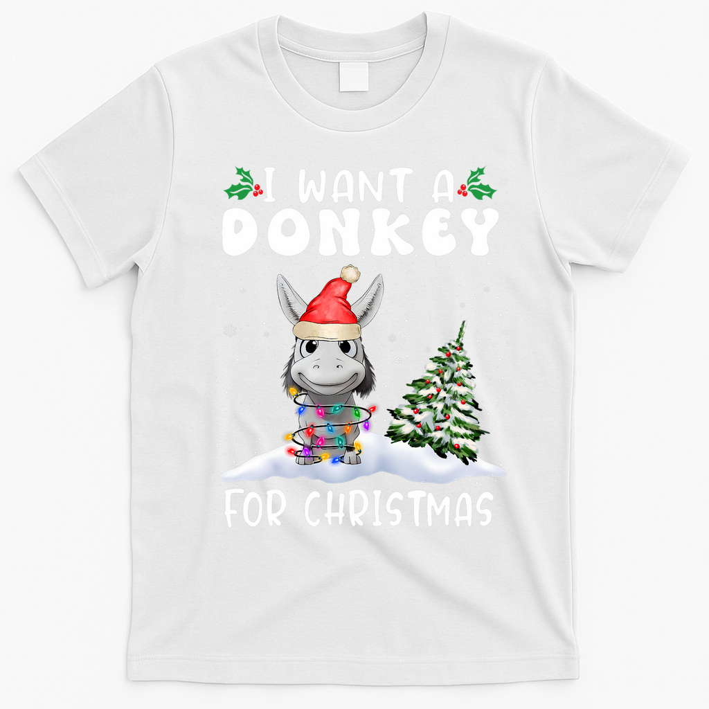 I Want A Donkey For Christmas Santa Hat Funny Xmas T-Shirt - White