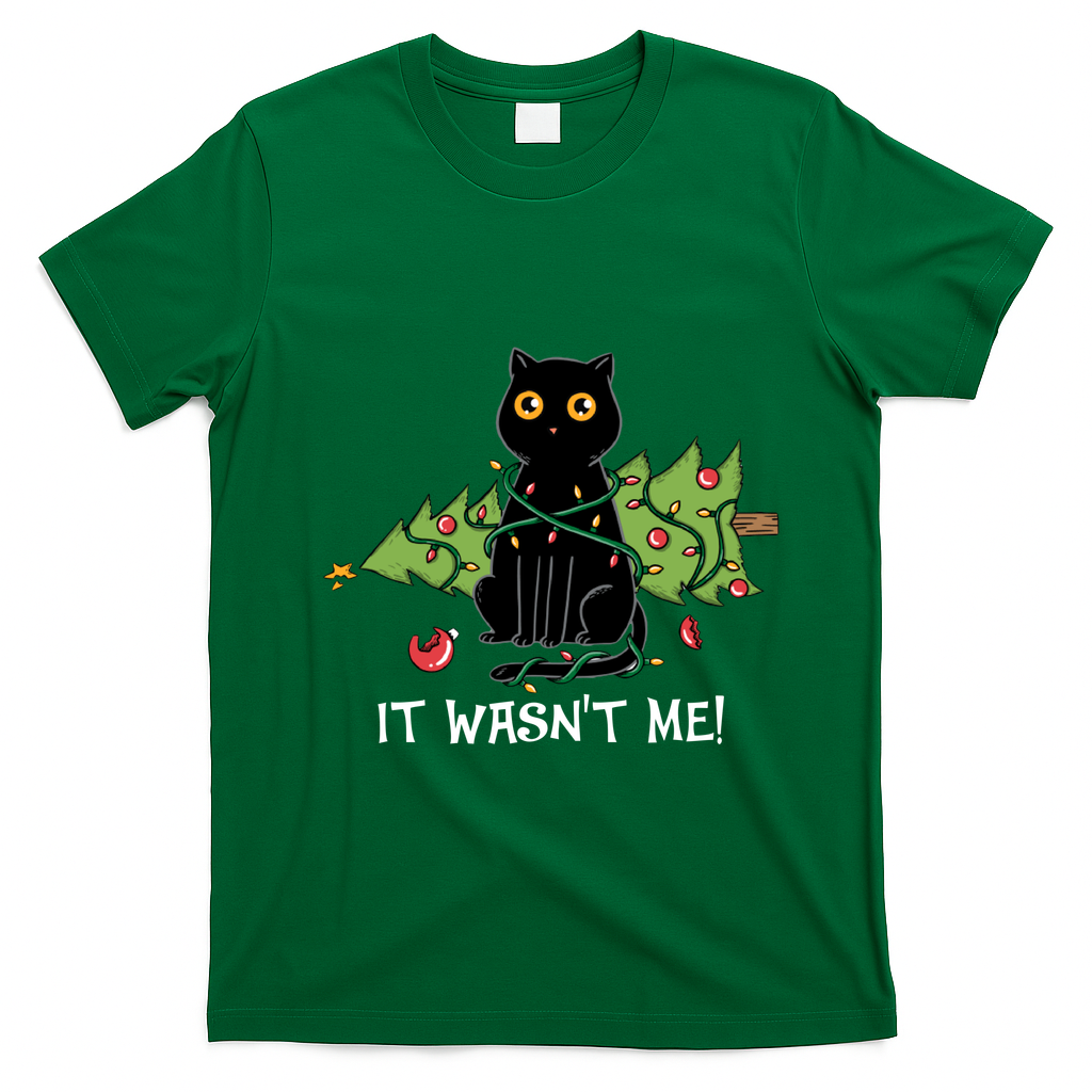 It Wasnt Me Christmas Tree Funny Cat T-Shirt - Irish Green