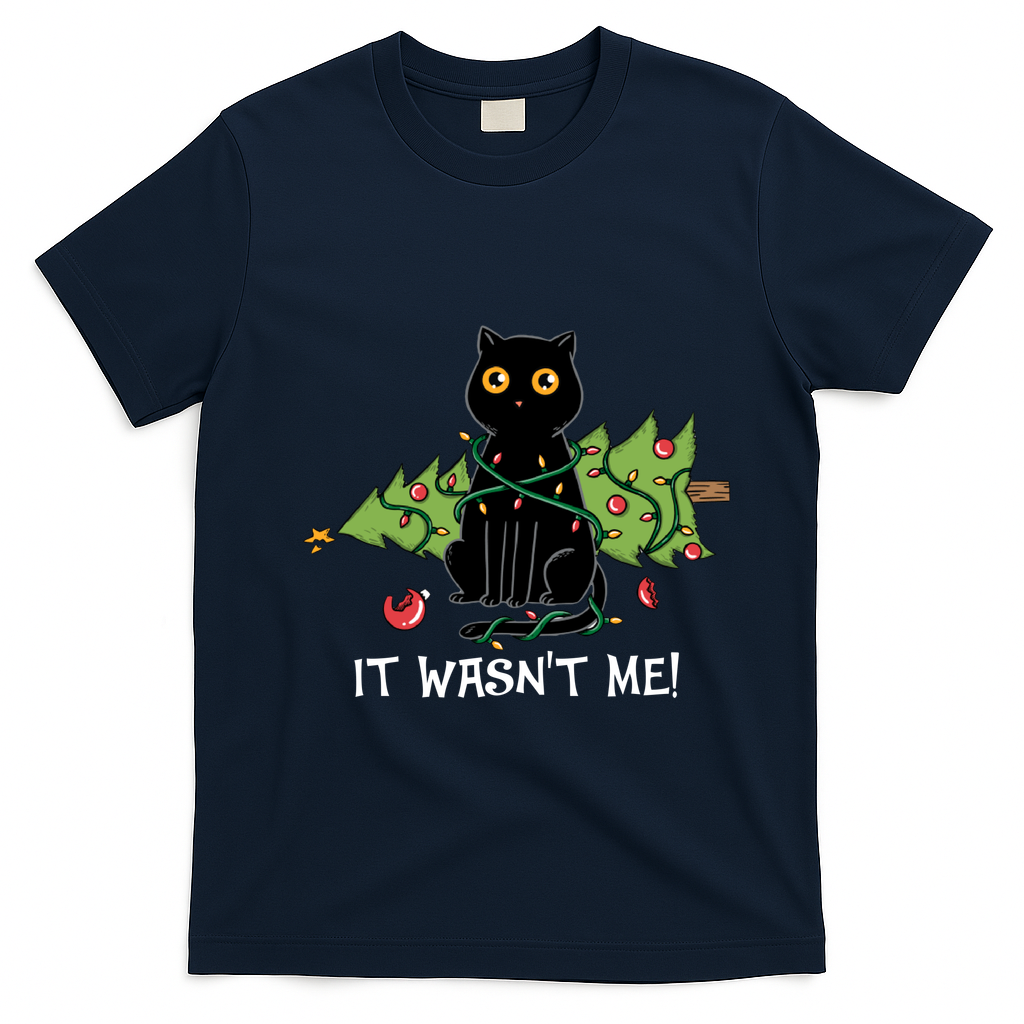It Wasnt Me Christmas Tree Funny Cat T-Shirt - Navy Blue