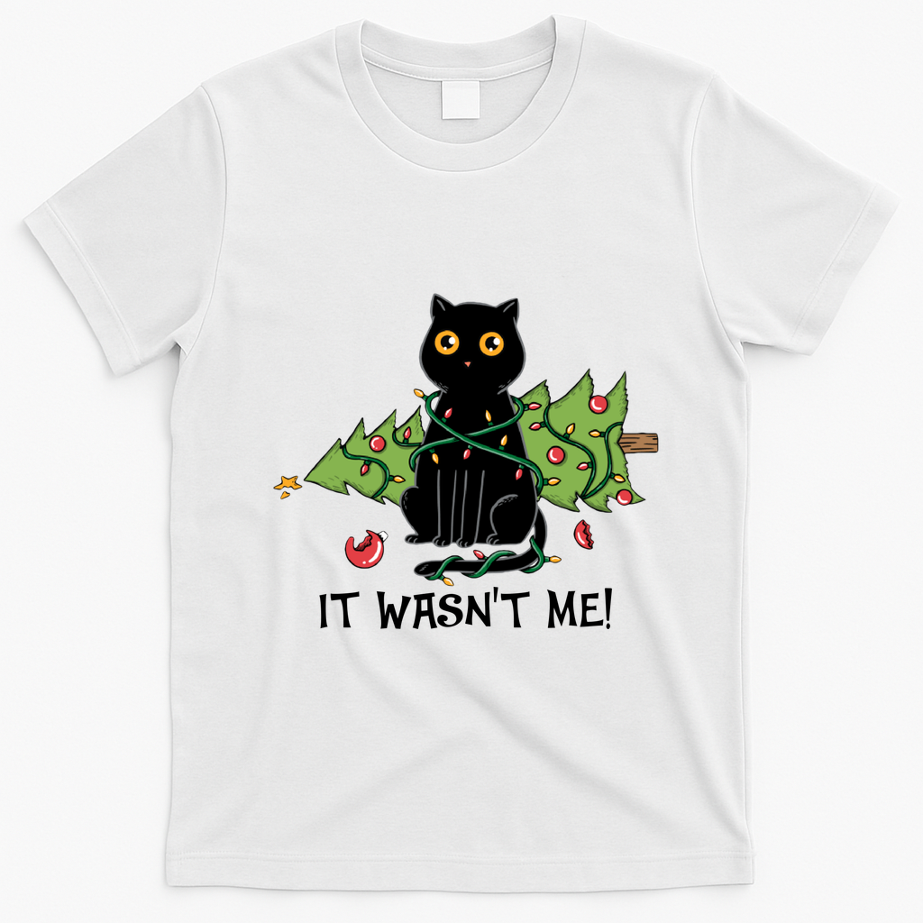It Wasnt Me Christmas Tree Funny Cat T-Shirt - White