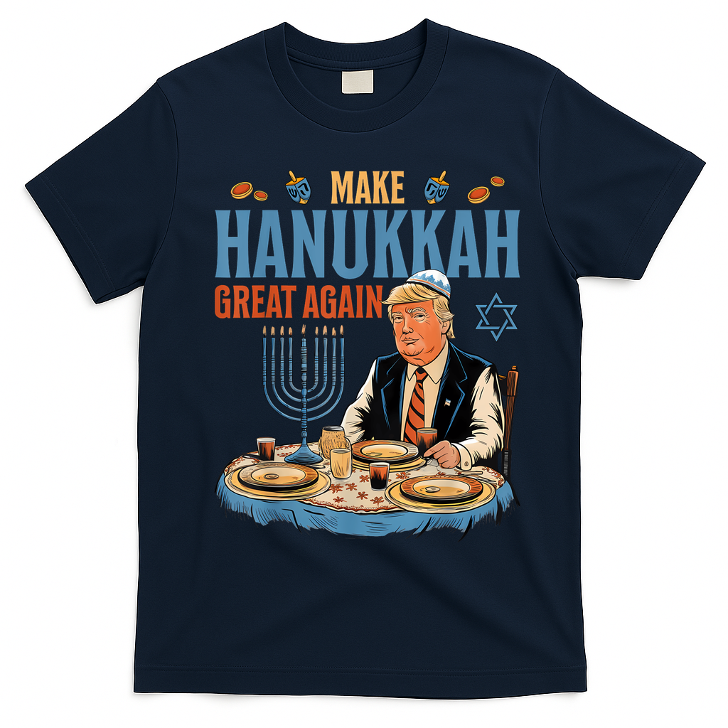 Jewish Celebrate Hanukkah Great Again President Trump T-Shirt - Navy Blue