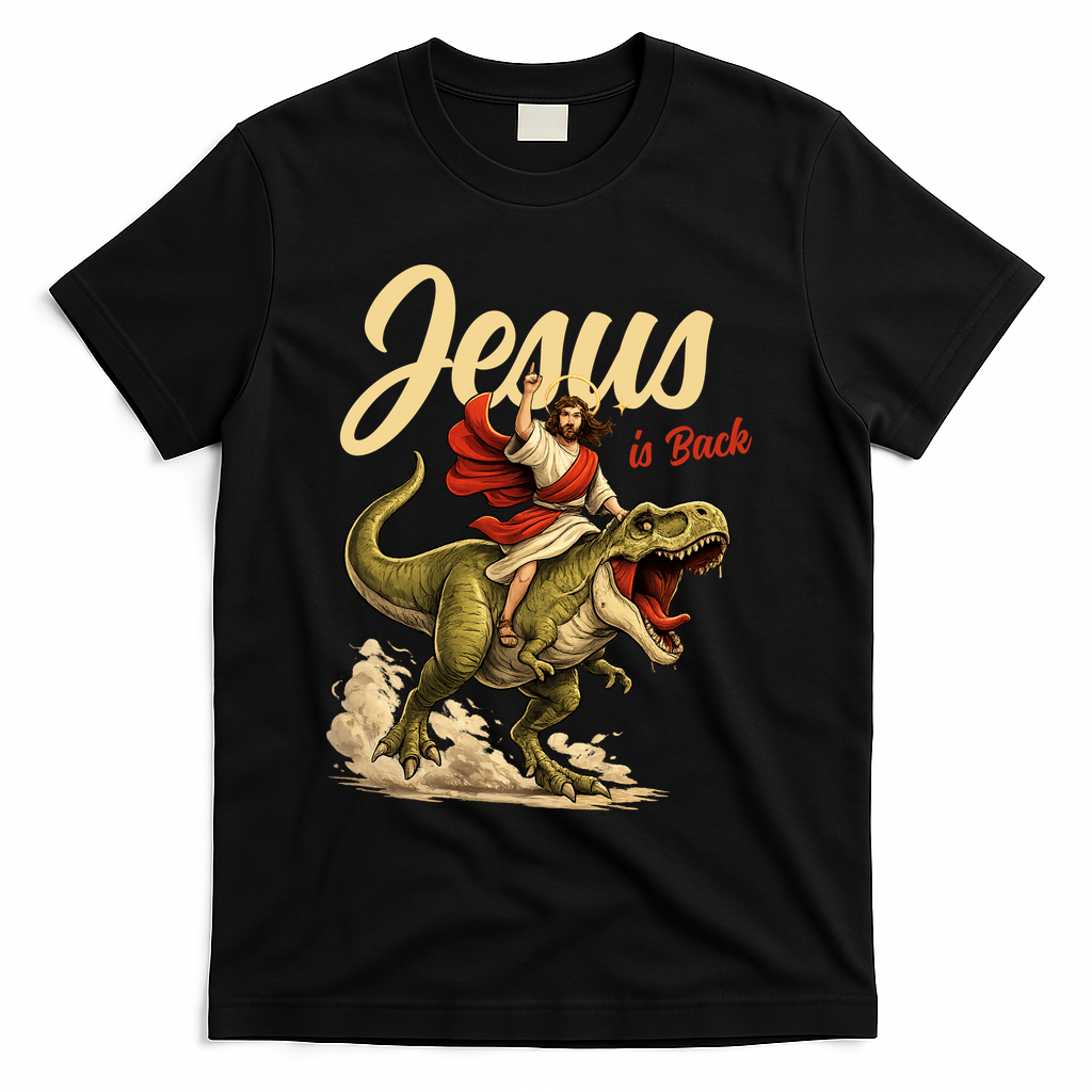 Jesus Is Back Sarcasm Funny Dinosaur T-Shirt - Black