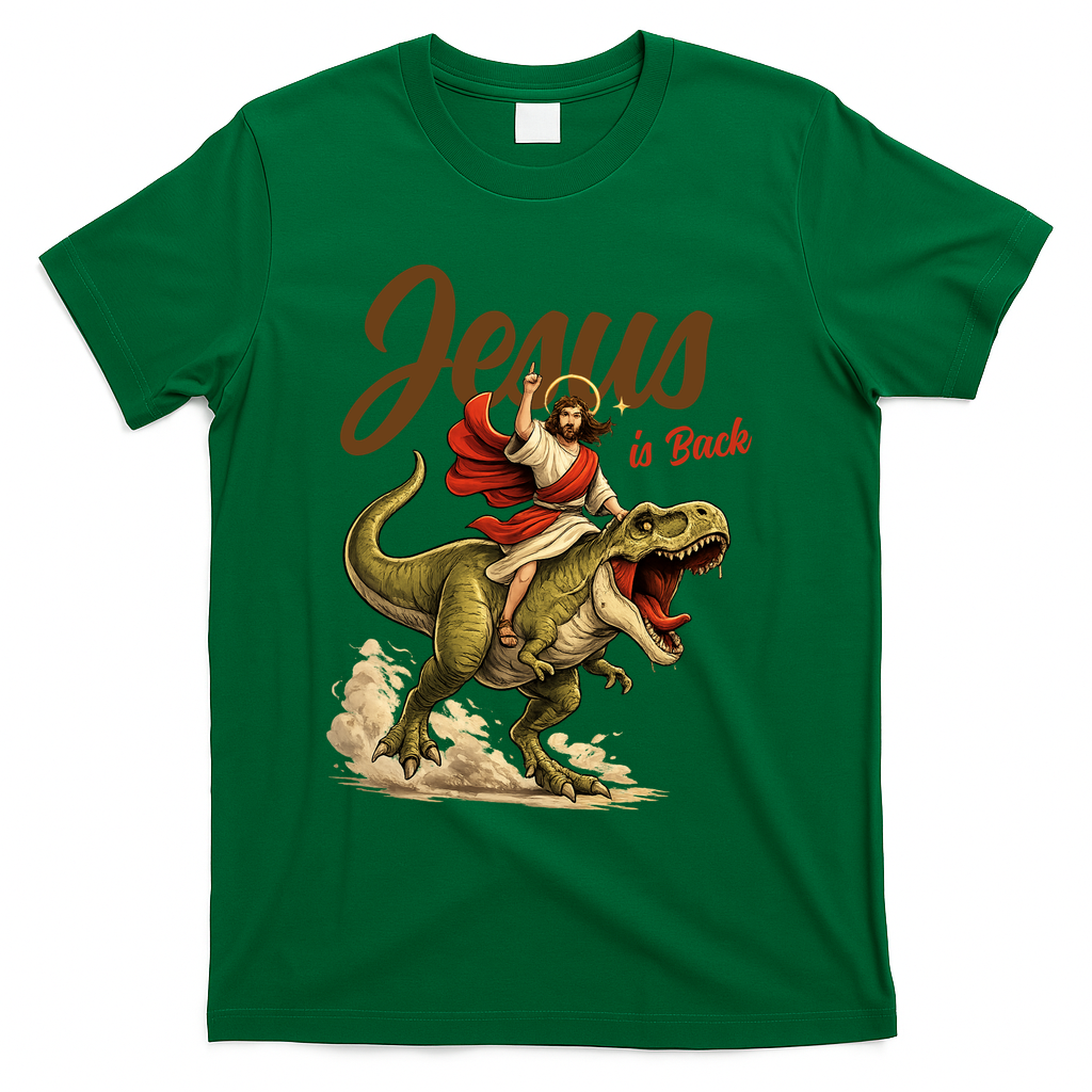 Jesus Is Back Sarcasm Funny Dinosaur T-Shirt - Green