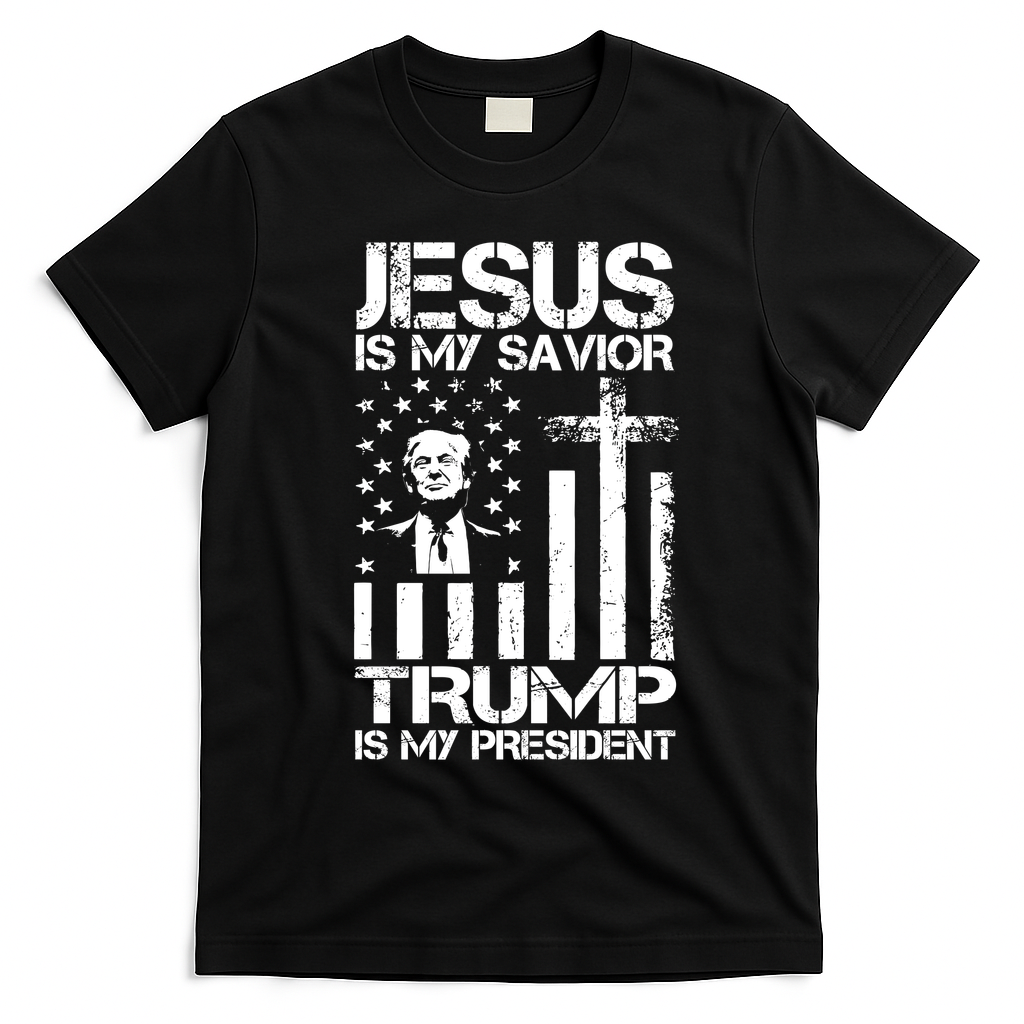 Jesus Is My Savior Trump Is My President Trump American Flag T-Shirt - Black