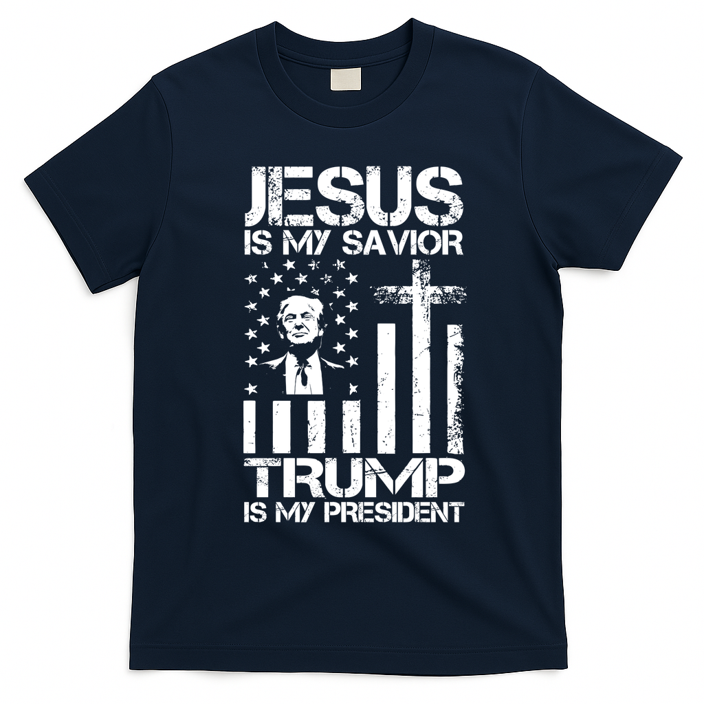 Jesus Is My Savior Trump Is My President Trump American Flag T-Shirt - Navy Blue