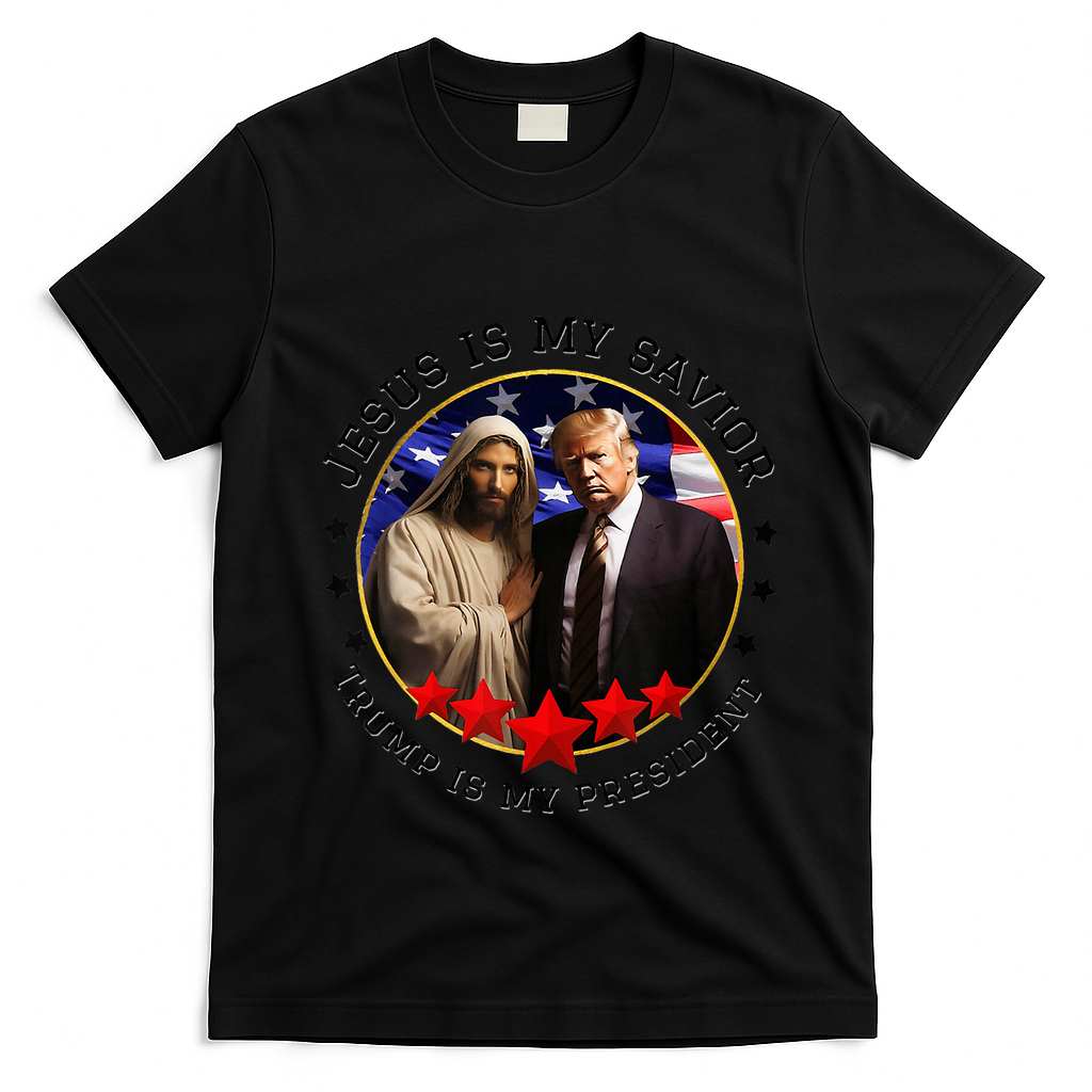 Jesus Is My Savior Trump Is My President American Flag T-Shirt - Black