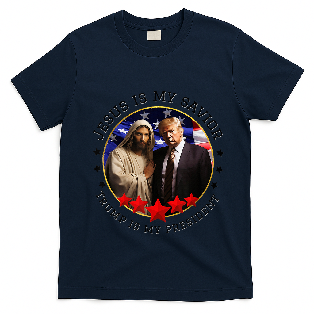Jesus Is My Savior Trump Is My President American Flag T-Shirt - Navy Blue