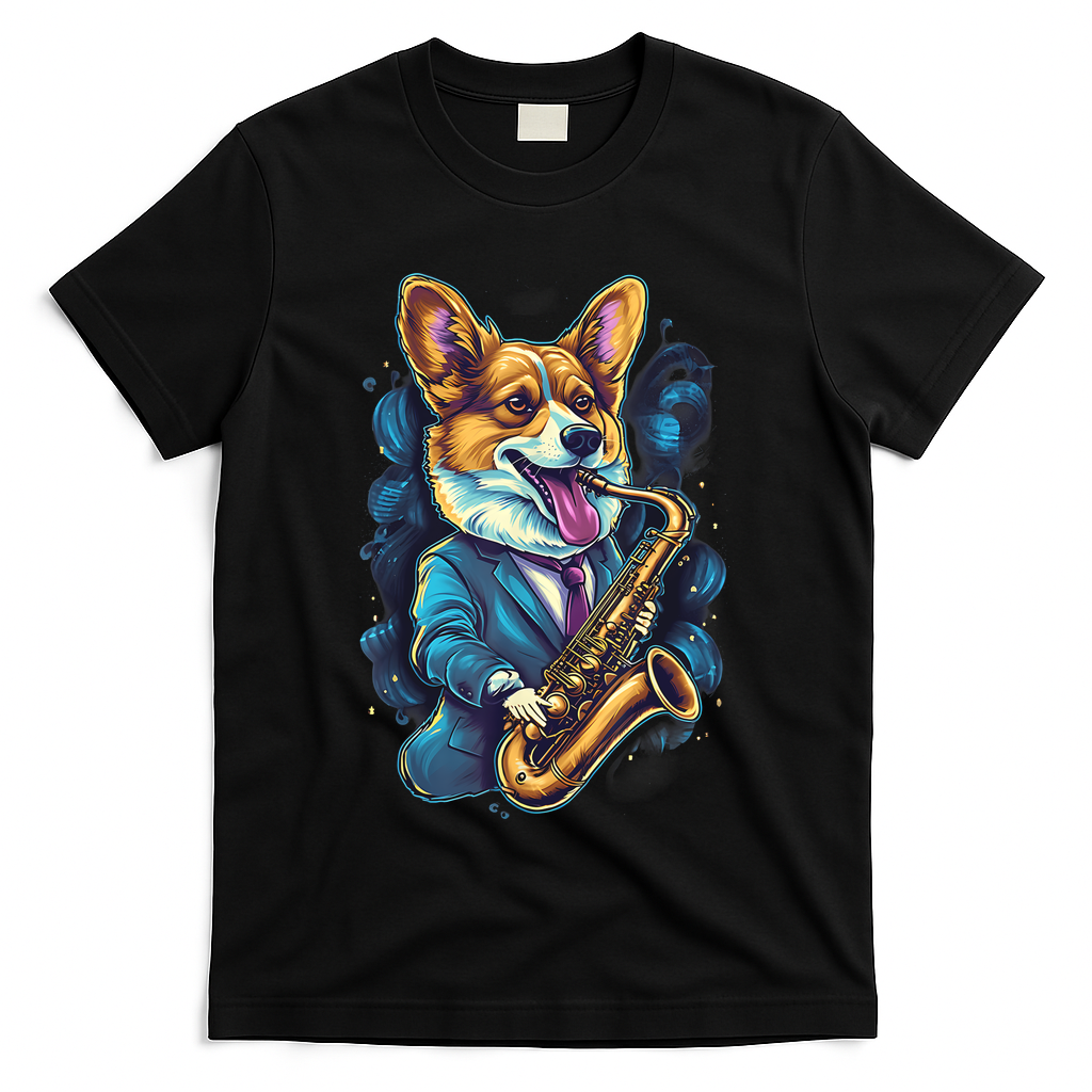 Jazz Musician Corgi Dog Saxophone T-Shirt