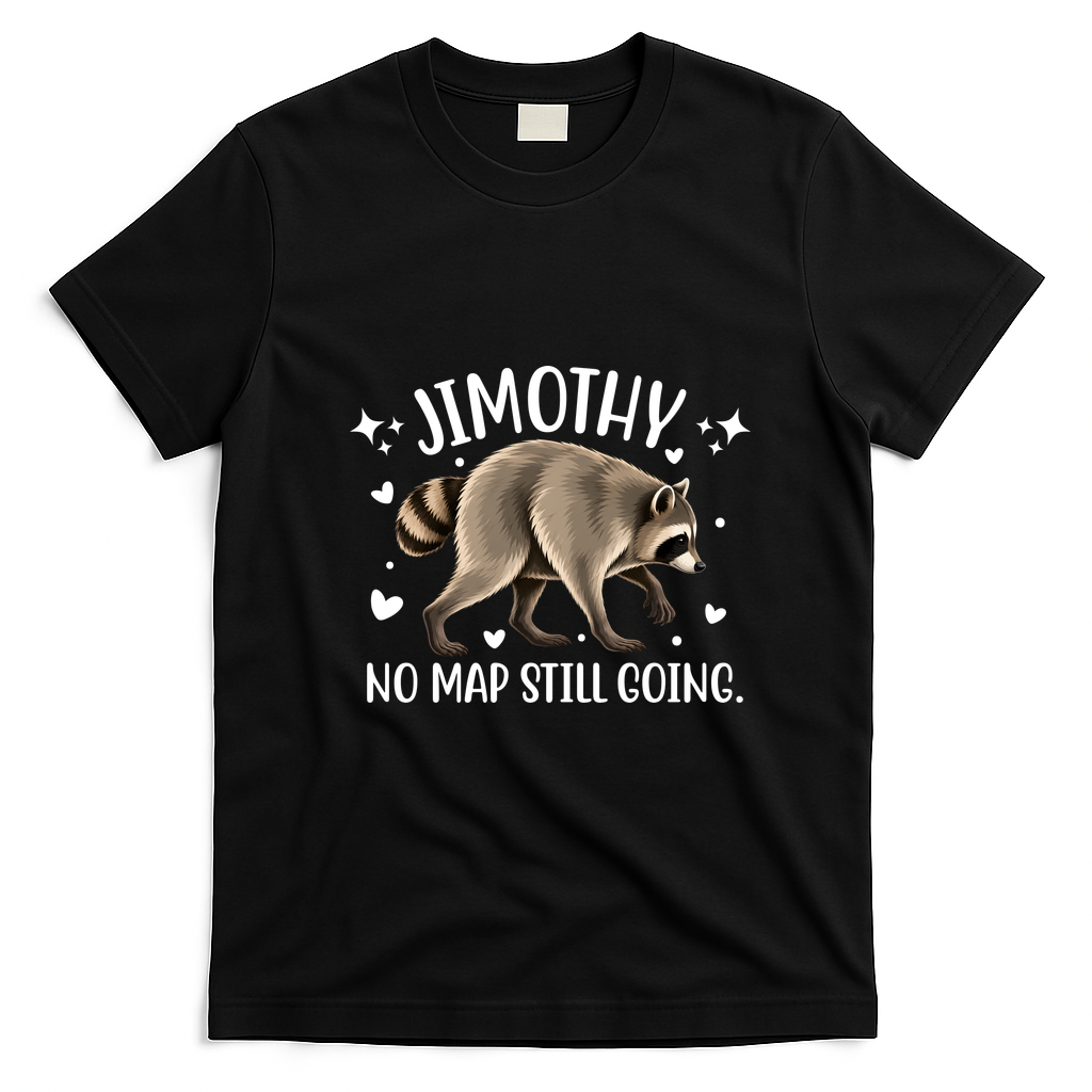 Jimothy Raccoon Adventure No Map Still Going T-Shirt - Black