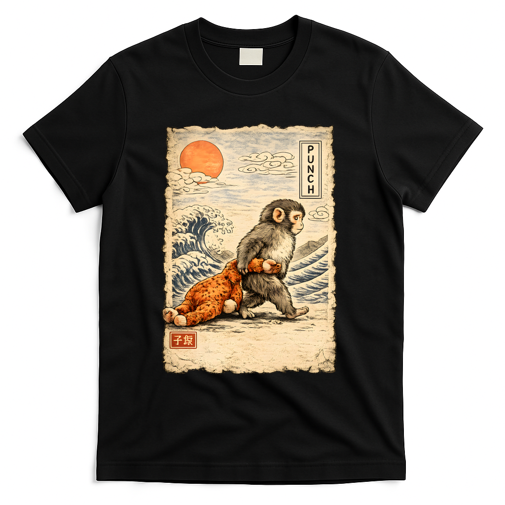 Kawaii Baby Monkey Punch Japanese Art T-Shirt - Black