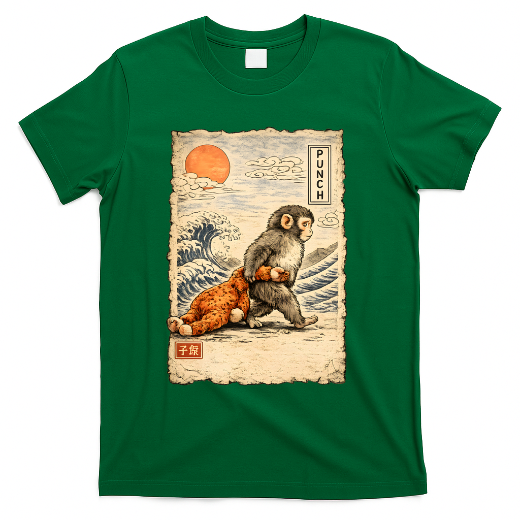 Kawaii Baby Monkey Punch Japanese Art T-Shirt - Green