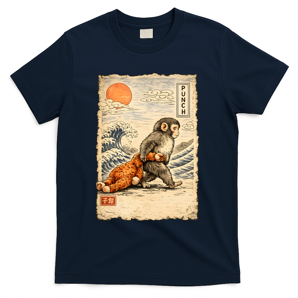 Kawaii Baby Monkey Punch Japanese Art T-Shirt - Navy