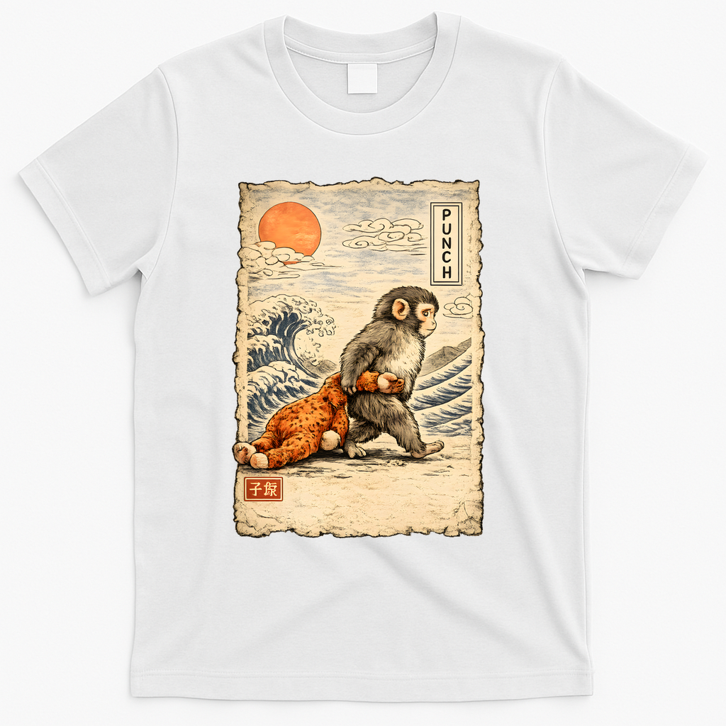 Kawaii Baby Monkey Punch Japanese Art T-Shirt - White