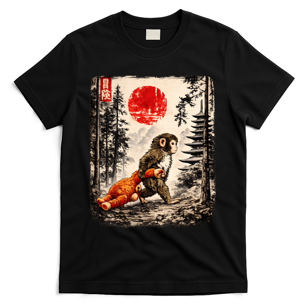 Kawaii Baby Monkey Punch Japanese Ukiyo-e T-Shirt - Black