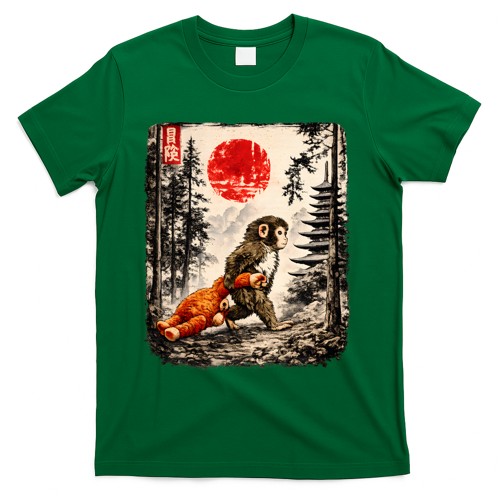 Kawaii Baby Monkey Punch Japanese Ukiyo-e T-Shirt - Green