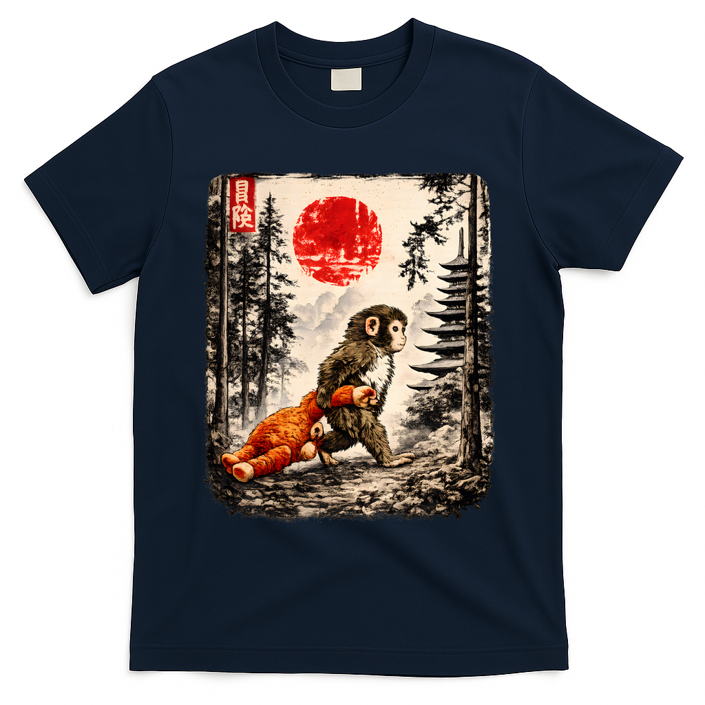 Kawaii Baby Monkey Punch Japanese Ukiyo-e T-Shirt - Navy