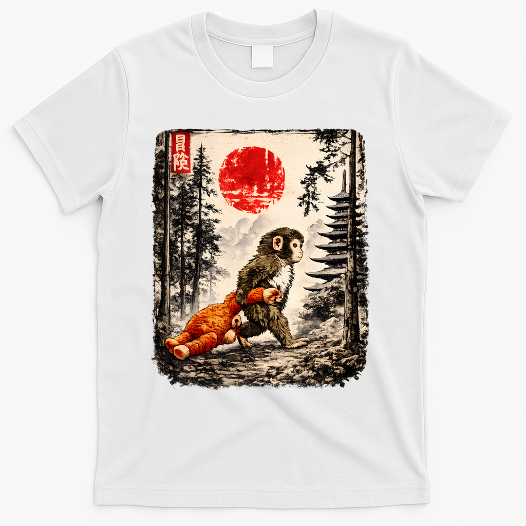 Kawaii Baby Monkey Punch Japanese Ukiyo-e T-Shirt - White