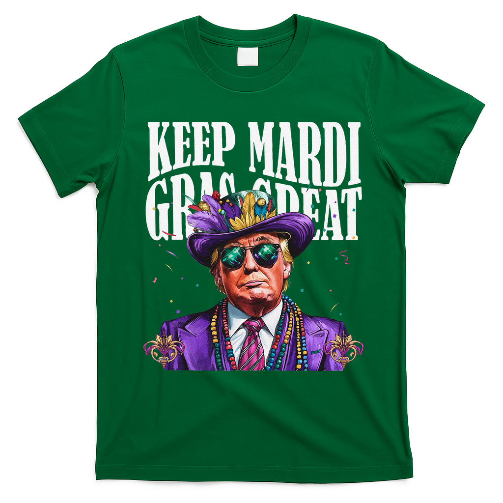 Keep Mardi Gras Great Trump Mardi Gras 2025 Flag Usa Funny T-Shirt - Irish Green