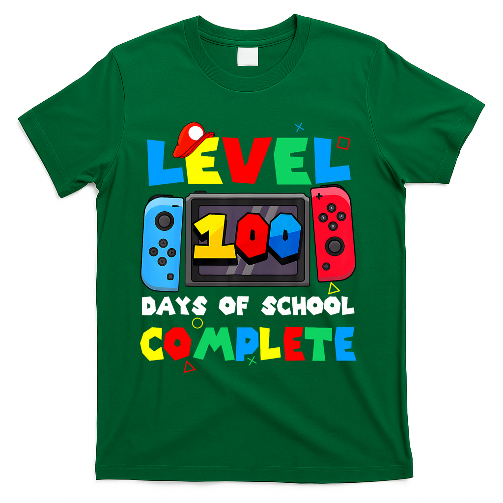 Level 100 Days Of School Complete Gamer Video Games T-Shirt - Green