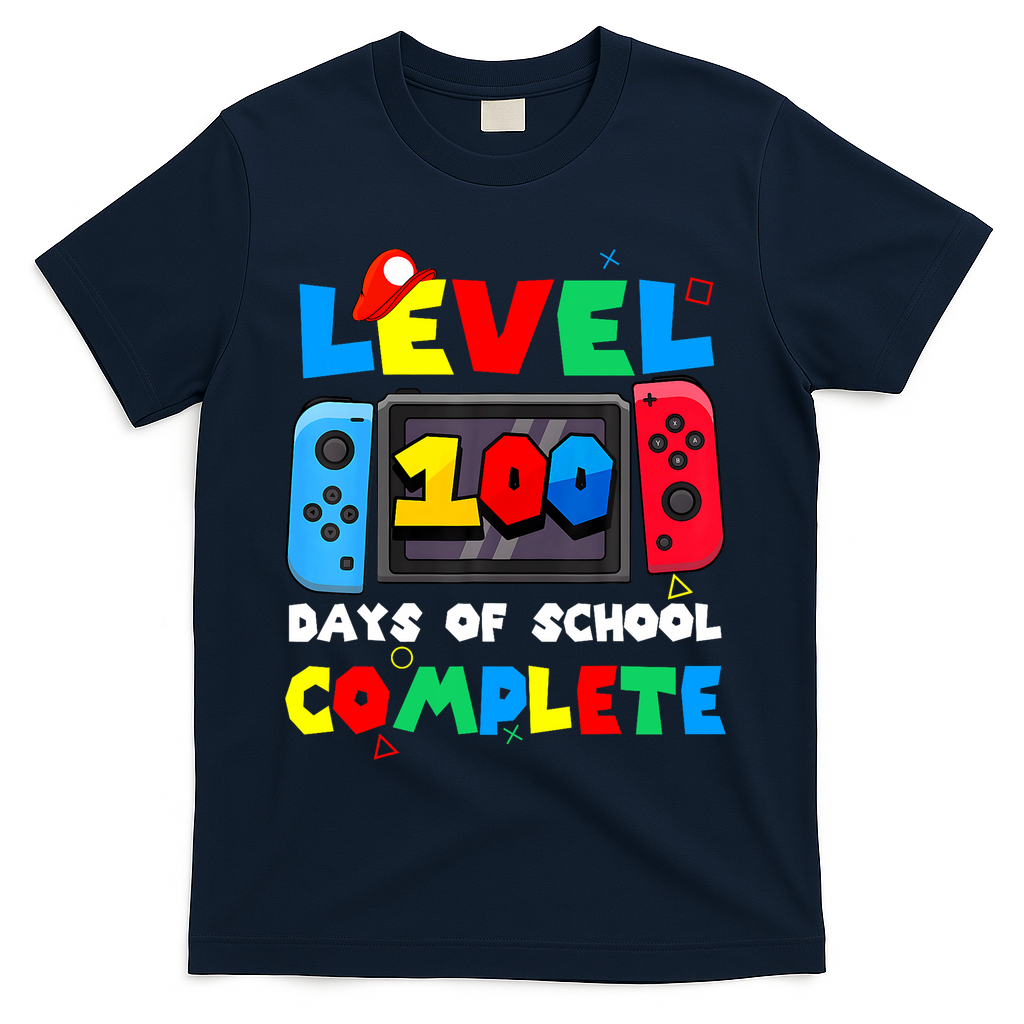 Level 100 Days Of School Complete Gamer Video Games T-Shirt - Navy