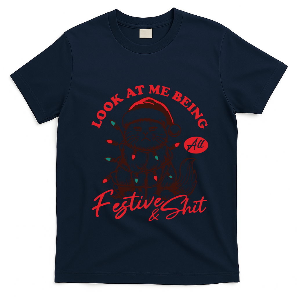 Look At Me Being All Festive Grumpy Cat Christmas T-Shirt - Navy Blue