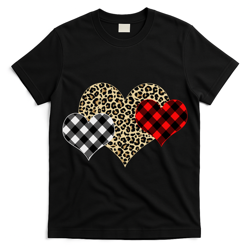 Cute Stylish Leopard Plaid Print Valentine Hearts T-Shirt