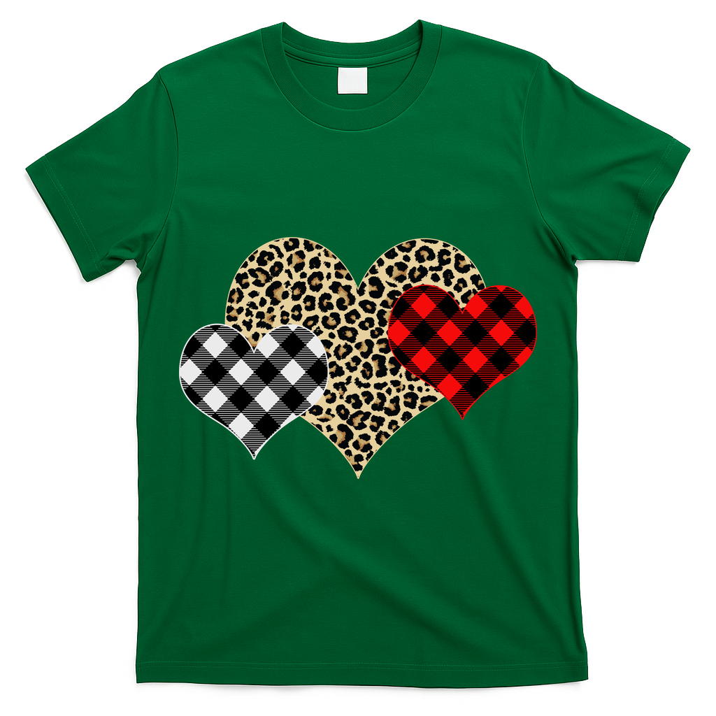 Cute Stylish Leopard Plaid Print Valentine Hearts T-Shirt