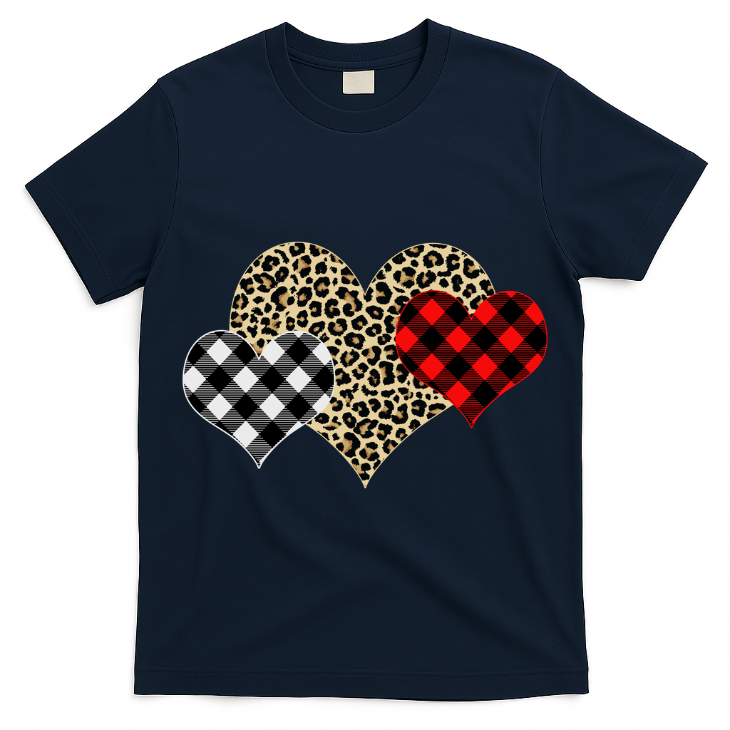 Cute Stylish Leopard Plaid Print Valentine Hearts T-Shirt