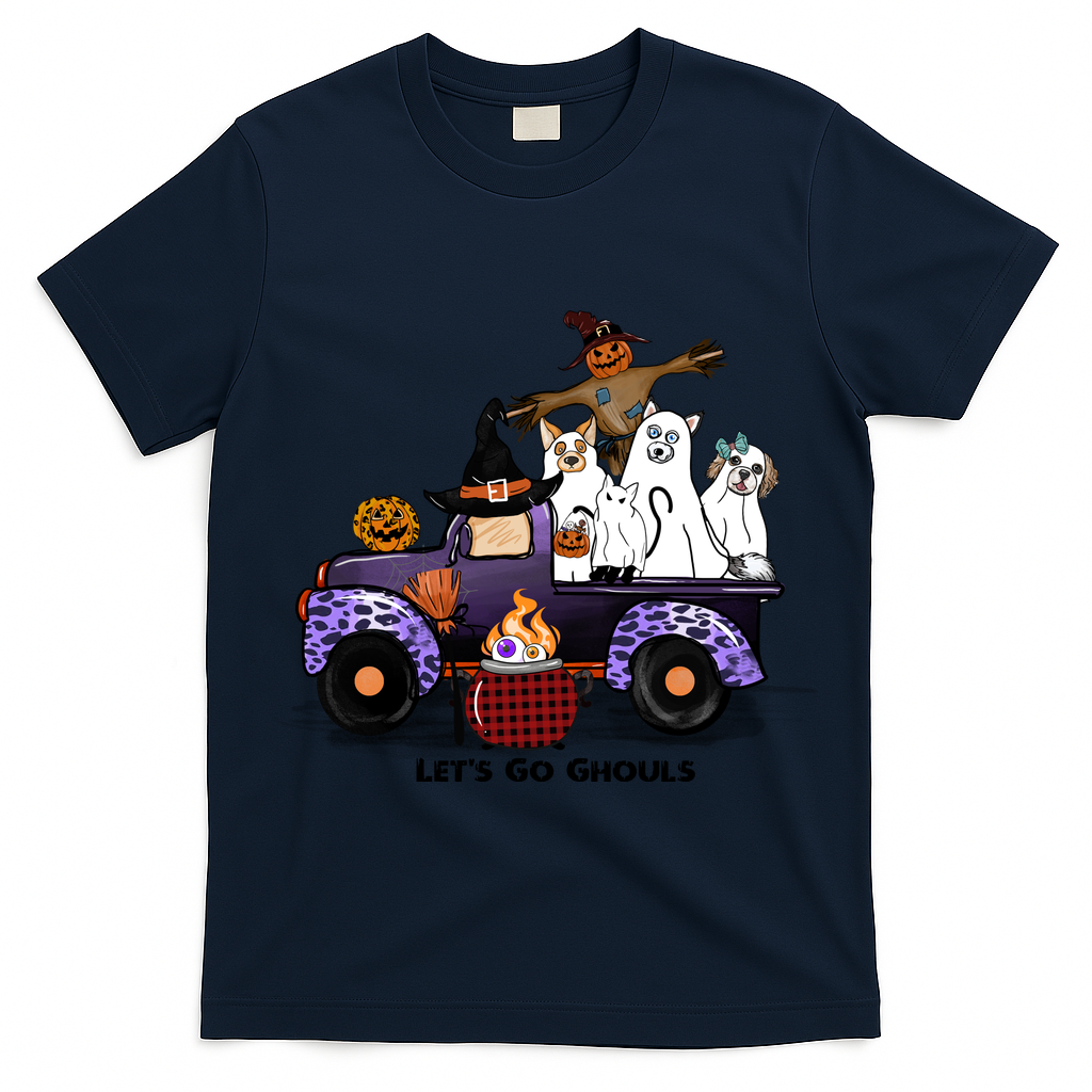 Let's Go Ghouls On Truck Funny Halloween Boo Witch Hat Cats Pumpkin Graphic T-Shirt