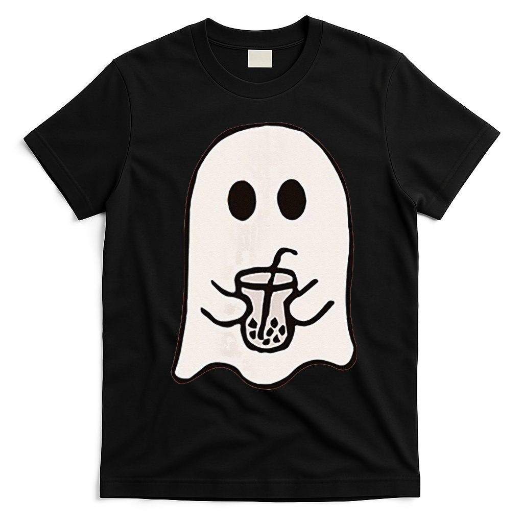 Little Ghost Ice Coffee Happy Halloween T-Shirt - Black