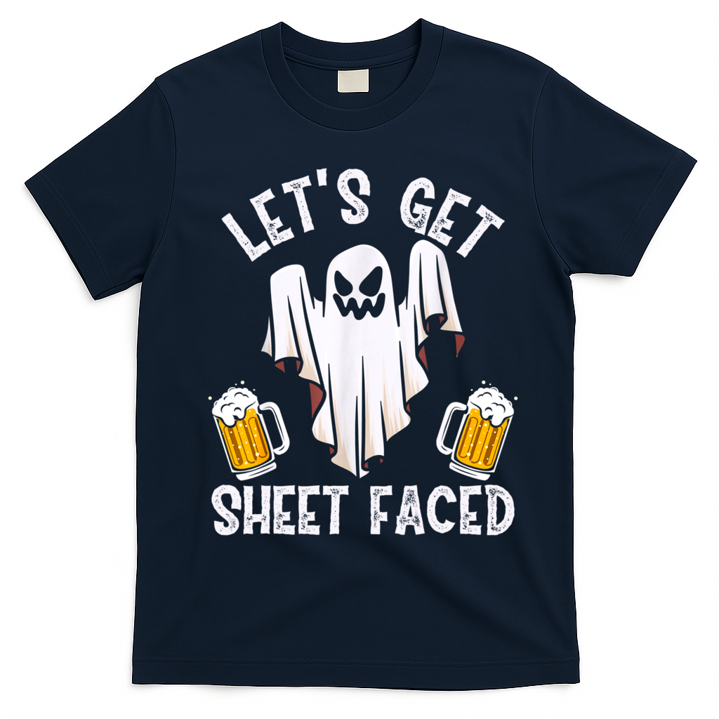 Lets Get Sheet Faced Boo Beer Halloween T-Shirt - Navy Blue