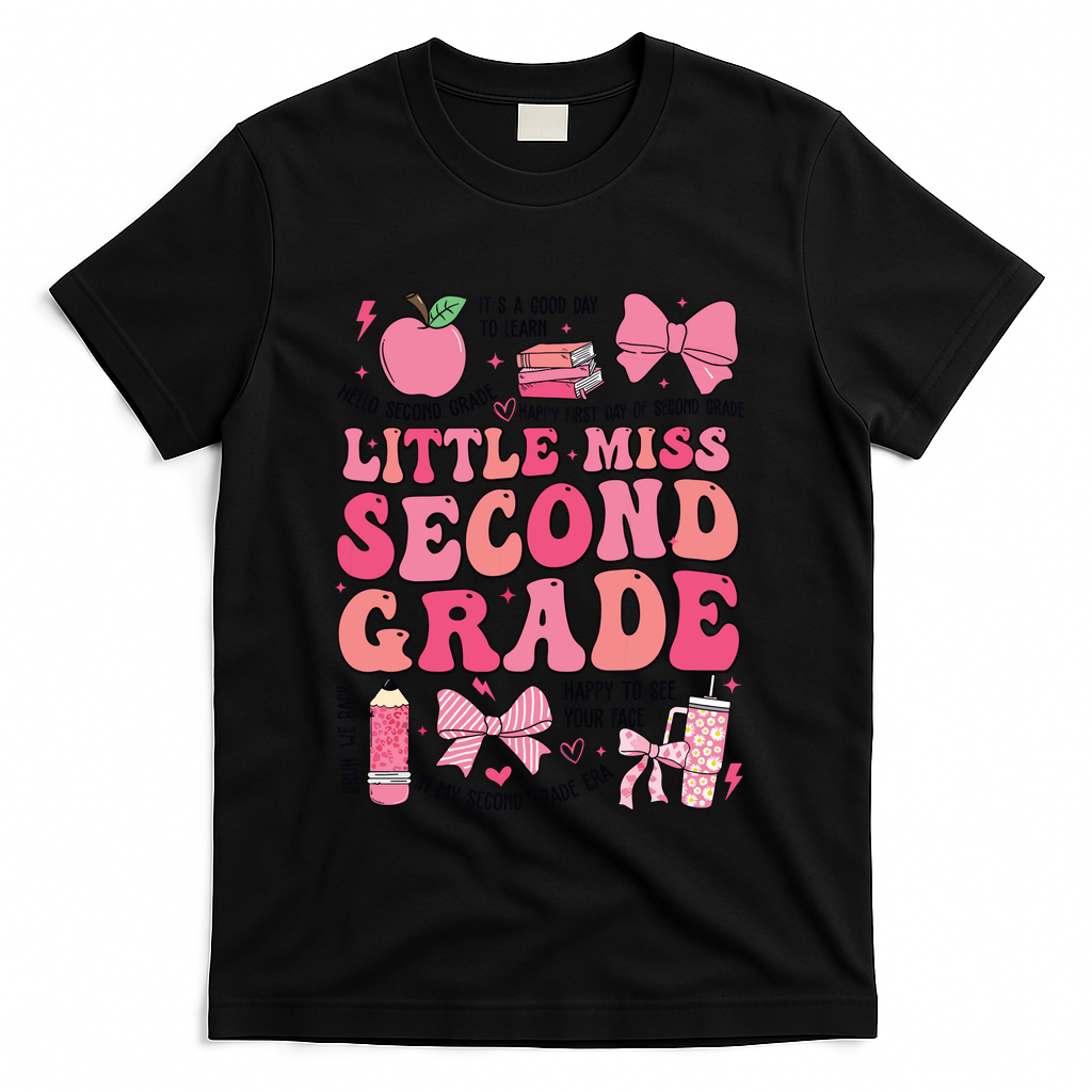 Little Miss 2nd Grade Girl Coquette Bow Back To School T-Shirt - Black