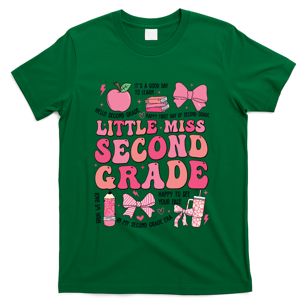 Little Miss 2nd Grade Girl Coquette Bow Back To School T-Shirt - Green