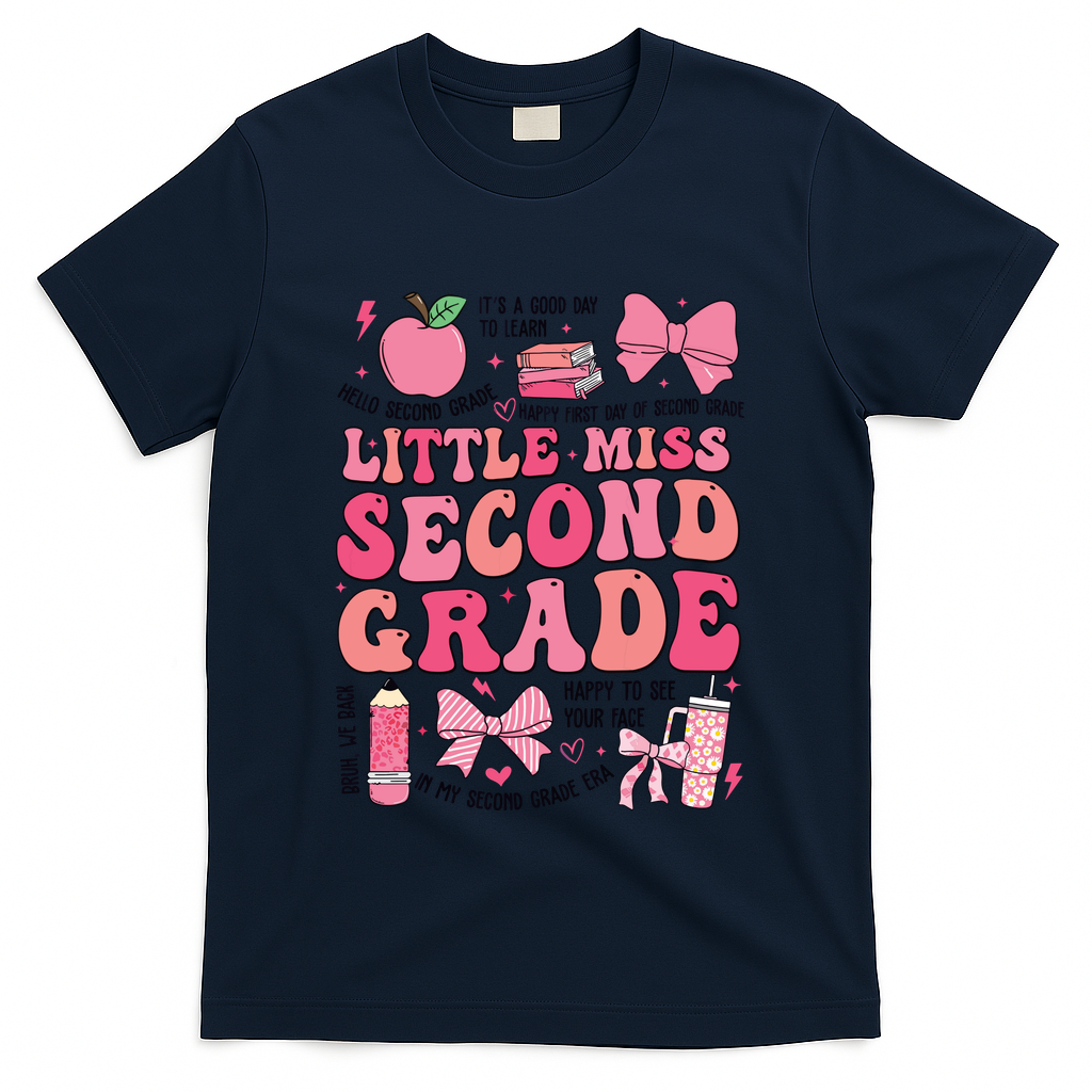 Little Miss 2nd Grade Girl Coquette Bow Back To School T-Shirt - Navy